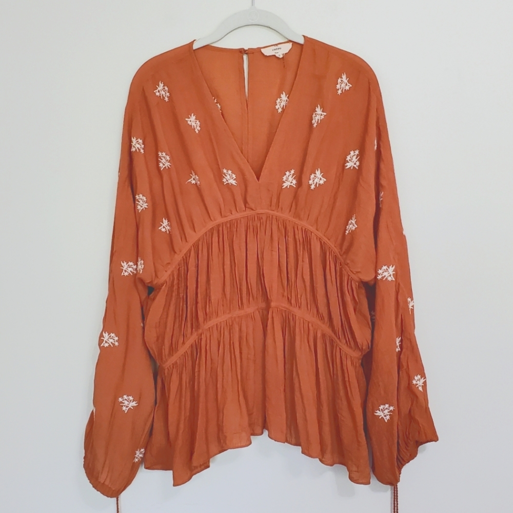 Anthropologie Entro Peasant Embroidered Bohemian Top Size Small